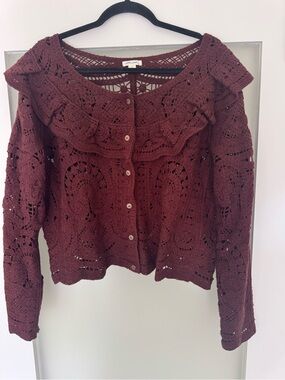 Crochet Knit Cardigan Sweater - Burgundy/Brown